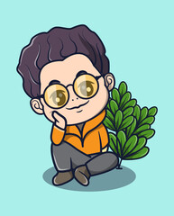 vector illustration of a young man sitting stylishly with plants around him. lifestyle icon concept