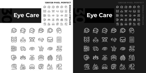 Pixel perfect light and dark icons set representing eye care, editable thin line illustration.
