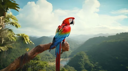 Foto op Aluminium Scarlet macaw Ara macao on beautiful amazon forest background, Red and Blue Neotropical parrot native to humid evergreen forests of the Americas © CYBERUSS