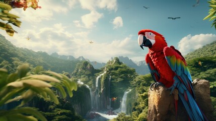 Scarlet macaw Ara macao on beautiful amazon forest background, Red and Blue Neotropical parrot native to humid evergreen forests of the Americas - obrazy, fototapety, plakaty