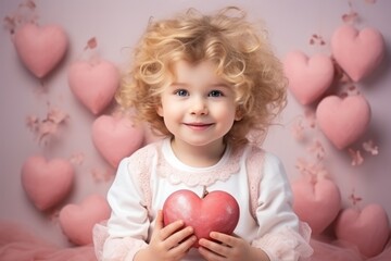 Fototapeta na wymiar An adorable young girl with curly blonde hair expressing love and affection by holding a heart delicately in her hands