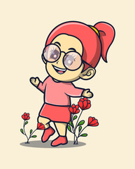 vector illustration of a cool young woman wearing glasses in a cool style with plants around her. lifestyle icon concept