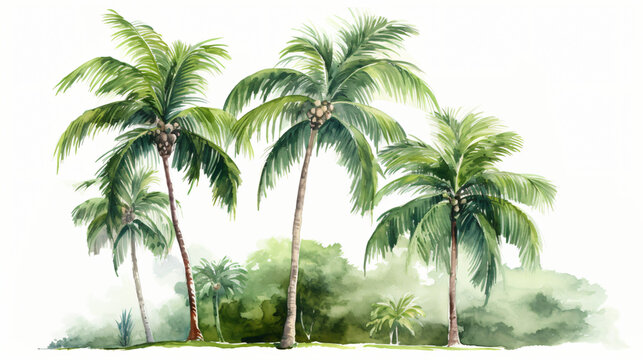 Green palm tree painted in watercolor and set