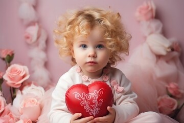 Fototapeta premium A young child with curly blonde hair with a heartfelt expression holding a symbol of love