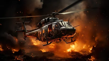 Zelfklevend Fotobehang helicopter on war zone fire and smoke explosion background © pickypix