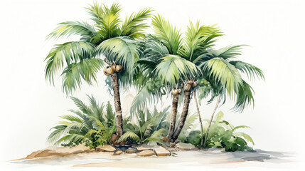 Fototapeta premium Green palm tree painted in watercolor and set