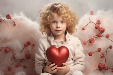 A young child expressing love and affection with a heartfelt gesture. Cute baby cupid with blonde curly hair. - obrazy, fototapety, plakaty