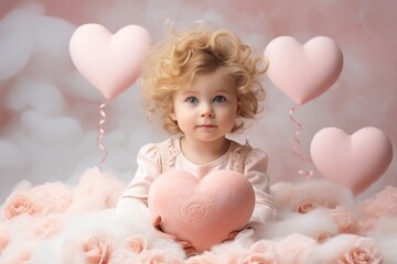 Obraz na płótnie Canvas A joyful little girl with blonde curly hair holding a heart surrounded by pink heart balloons. Cute baby cupid with blonde curly hair