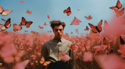 Field of Butterflies, Retro Portrait of a man walking, Pinks, Reds, Oranges, Dreamy Mood, Magical Scene, 1970s Vintage look, faded photograph, analog photo, lomo photo, psychedelic, preppy young man