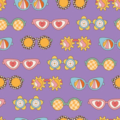 Sunglasses seamless pattern in retro groovy hippie style. Vector illustration 70s 80s