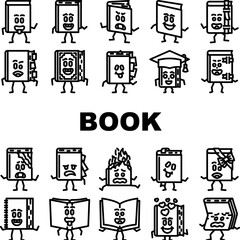 book character school icons set vector. study education, library, children, poster literature, girl notebook, student book character school black contour illustrations