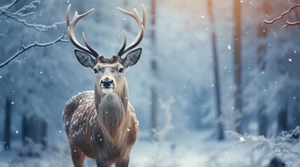 Male roe deer portrait in the winter forest. Animal in natural habitat. Wildlife scene. Snow fell on the trees.