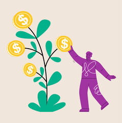 Man planting a money tree and picking dollars. Financial profit growth. Colorful vector illustration