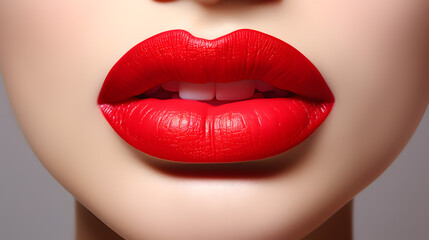 Obraz premium Bright Red Lips with Glossy Finish on a Neutral Background.