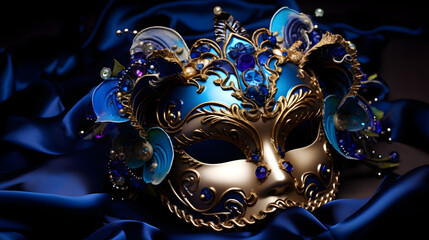 Elegant Blue Venetian Masquerade Mask with Gold Accents on Silky Fabric Background