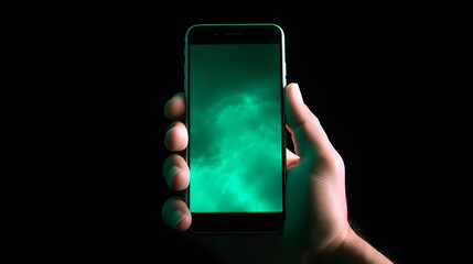 Hand Holding a Smartphone Displaying a Green Nebulous Screen against a Dark Background.