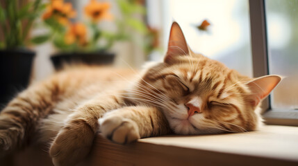 Fototapeta premium Sleeping Ginger Cat by Sunlit Window with Potted Plants and Butterfly Silhouette Background.