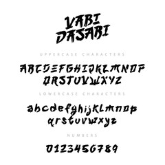 A unique Japanese-style font, hand-drawn with a brush. Lowercase and uppercase letters, and numbers. Lettering. Vector alphabet