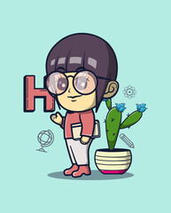 vector illustration of a teacher wearing glasses teaching while holding a book, ornamental plants beside. profession icon concept