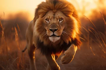 Foto op Aluminium Running lion in the savannah at sunset © Veniamin Kraskov