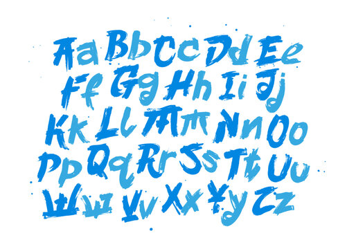 Blue vector alphabet on a white background. Uppercase and lowercase letters of the English alphabet, drawn by hand. Beautiful font inspired by Japan.