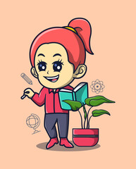 vector illustration of a teacher teaching while holding a book, ornamental plants beside. profession icon concept