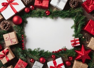 Christmas composition. Frame of Christmas gifts, pine branches, toys background. Flat layout, top view