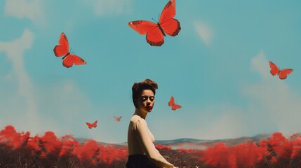 Woman dreaming of Butterflies, Photo Collage Retro Vintage Artwork, Woman in a field of Flying insects, Landscape red and blue faded photo, grunge art, lofi, lomo photo, blue sky summer, vintage girl