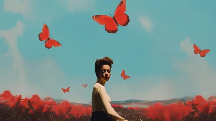 Papier Peint photo Lavable Papillons en grunge Woman dreaming of Butterflies, Photo Collage Retro Vintage Artwork, Woman in a field of Flying insects, Landscape red and blue faded photo, grunge art, lofi, lomo photo, blue sky summer, vintage girl