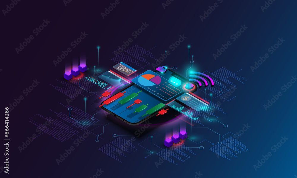 Poster abstract background image of web development technology. financial graph stock market on smartphone