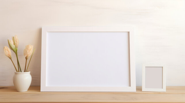 Mock up rectangular photo frame on shelf. White edge. Modern concept. Copy space.