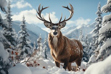 A proud deer with striking antlers amidst a snowy mountain landscape