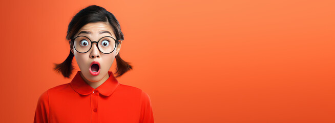Portrait of surprised asian woman on bright colors studio backgroud with copyspace, excitement and fascination, shocked and amazed female with unexpected thing happen