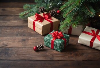 Christmas composition. Frame of Christmas gifts, pine branches, toys background. Flat layout, top view