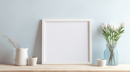 Obraz na płótnie Canvas Mock up photo frame on shelf. Modern concept. Copy space.