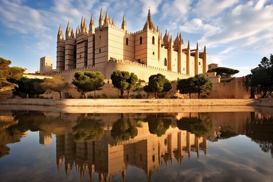 Gothic Catalan castle in Palma, Mallorca, Balearic Islands, Spain. Generative AI