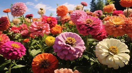 A zinnia garden basking under midday sunlight, a festival of colors.