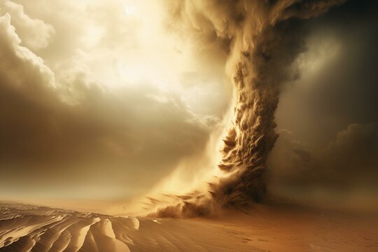 Illustration of a sandy desert dust column resembling a hurricane. A captivating and dangerous sandstorm in the sky portrayed through a 3D artwork rendering. Generative AI
