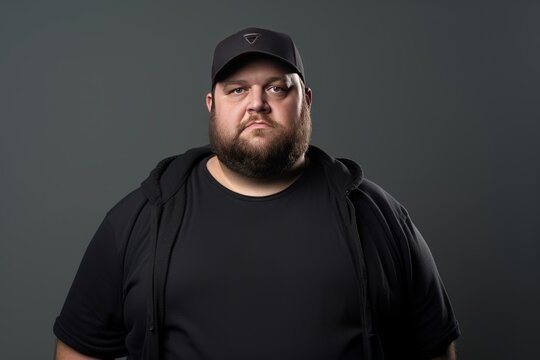 Depressed overweight man standing in modern studio, Portrait of tried chubby man