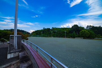 A closed elementary school ground at the country side wide shot