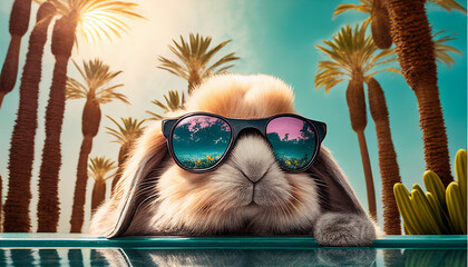 Vorlage Motiv Reisebüro Werbung für Sommerurlaub Hase mit Sonnenbrille und Cocktail am Pool Generative AI  - obrazy, fototapety, plakaty