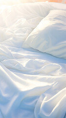 White bedding sheets and pillow background, Messy bed concept - obrazy, fototapety, plakaty