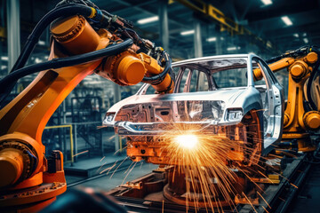 Fototapeta premium Automobile production line. Welding car body. Modern car assembly plant. Auto industry. Interior of a high-tech factory, modern production.