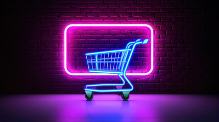 Neon supermarket shopping cart trolley for on brick wall background for sale and online shopping concept.