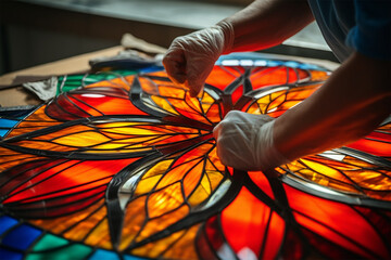 Various stages of working with stained glass. Master's hands make stained glass, stained glass making, Heritage Craft