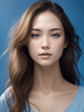 Russian Japanese woman in blue flower photography studio