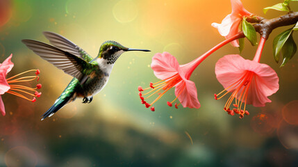 Hummingbirds in pairs and a pink flower. Hummingbird