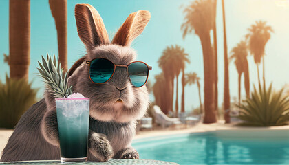Altkluger alter Hase genießt Urlaub am Pool mit Cocktail Sommerurlaub Werbung Reiseveranstalter Motiv Vorlage Idee Grußkarte skurrile Tiere lustig Generative AI 