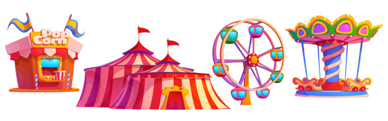 Park ferris wheel, carnival carousel icon for fun fair cartoon vector illustration. Fairground amusement with vintage theme children attraction and popcorn food outdoor clipart design collection.