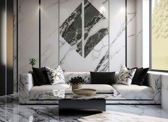 Living room interior design with black and white marble wall and sofa. created with Ai
